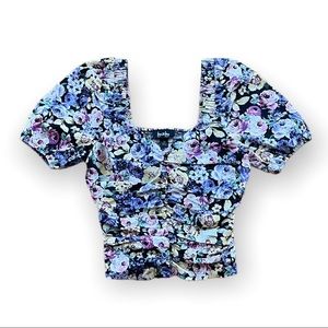 Ruched Milkmaid Top With Floral Pattern and Puff Sleeves